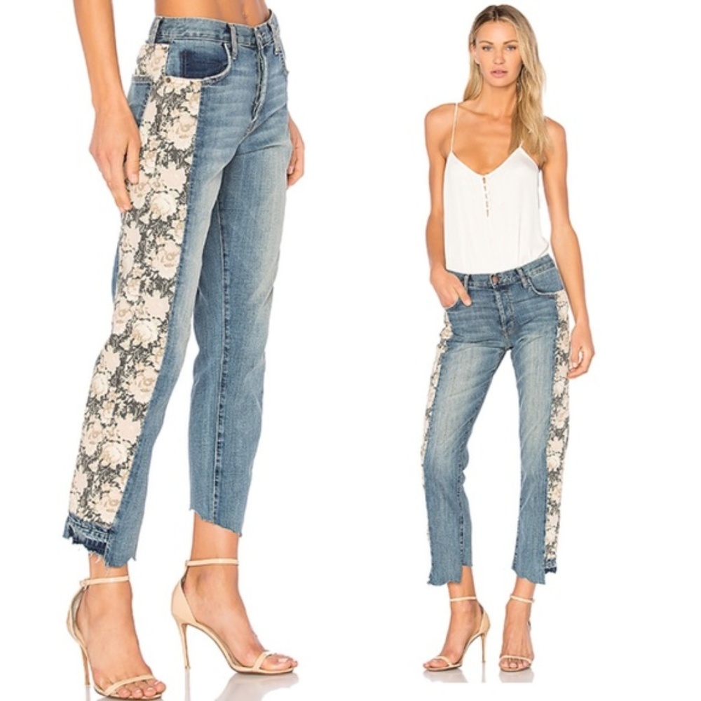 NWOT CURRENT/ELLIOTT Raw Hem Straight Leg Floral Detail Jeans